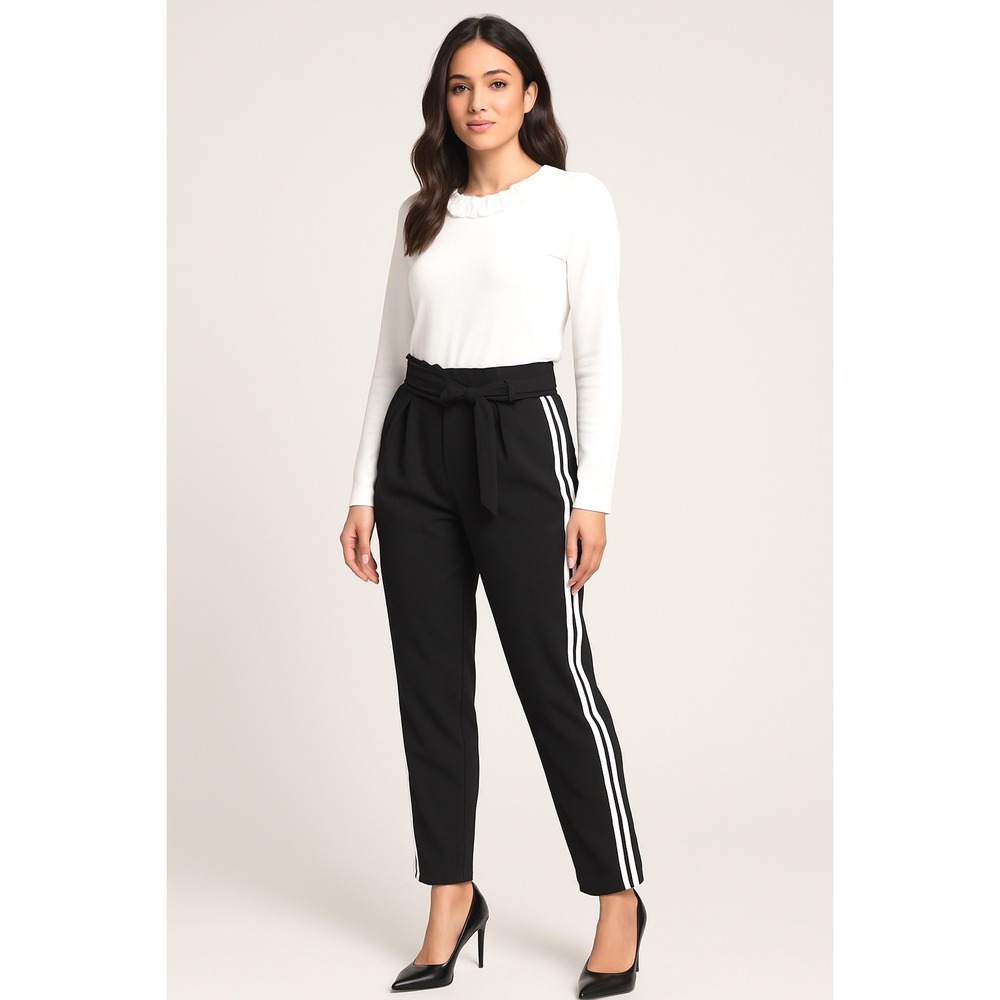 Rachel Roy Black Track Pants 10 White Stripe Tie Waist Career Academia 61-28